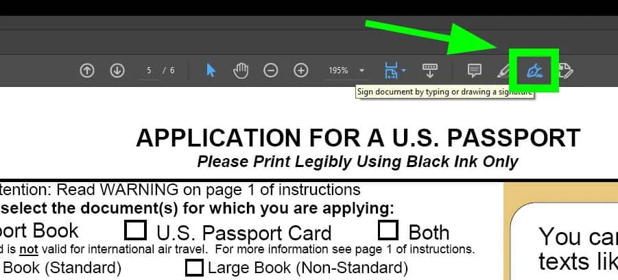 Screenshot of a PDF open in Adobe Acrobat DC and an arrow showing where to find the Fill & Sign tool.