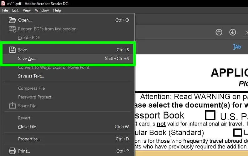 Screenshot of how to save a PDF in Adobe Acrobat DC.