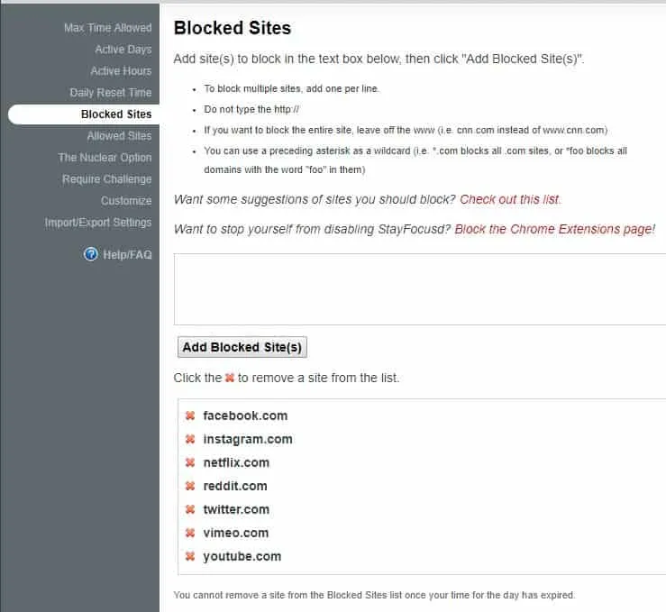 StayFocusd blocked sites