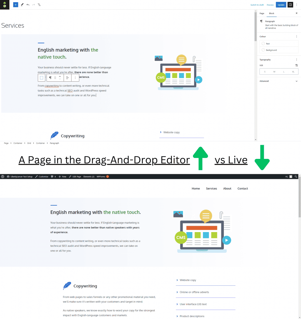 How a WordPress Page Looks in the Drag-And-Drop Editor vs Live.
