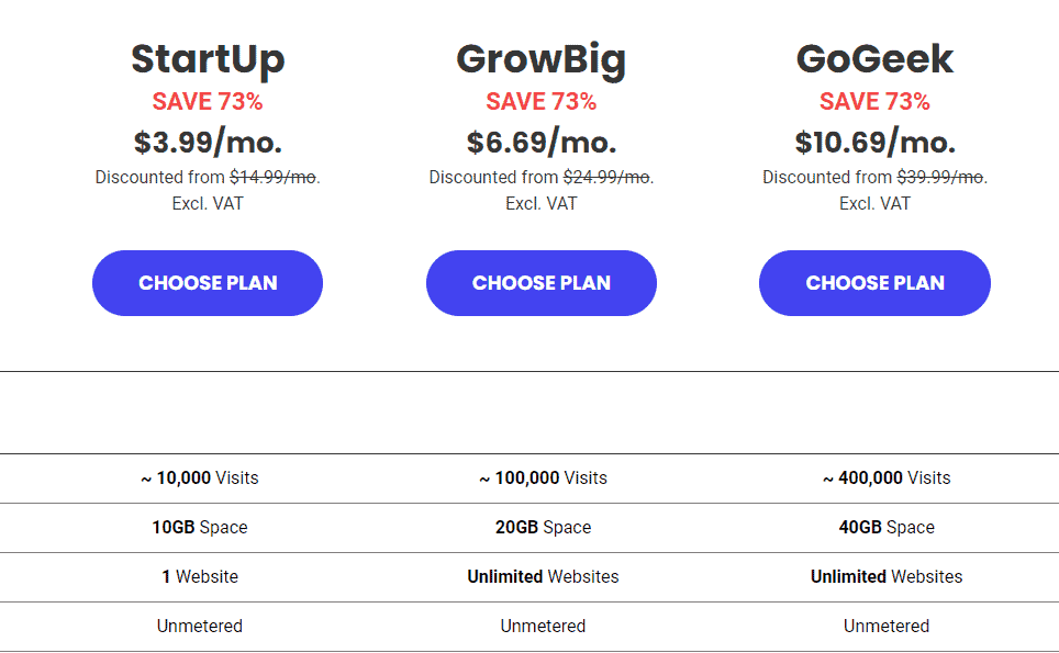 Screenshot of Siteground's 3 web hosting tiers and prices.