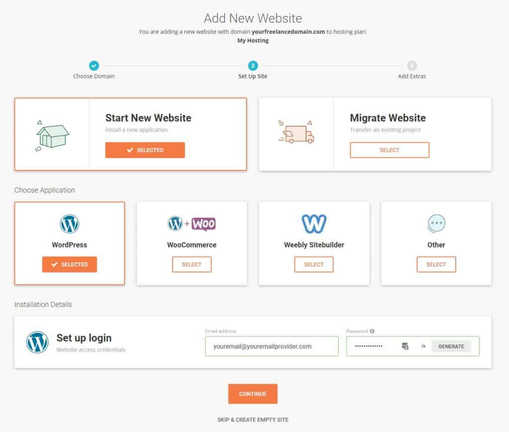 Screenshot of Siteground's WordPress installation page