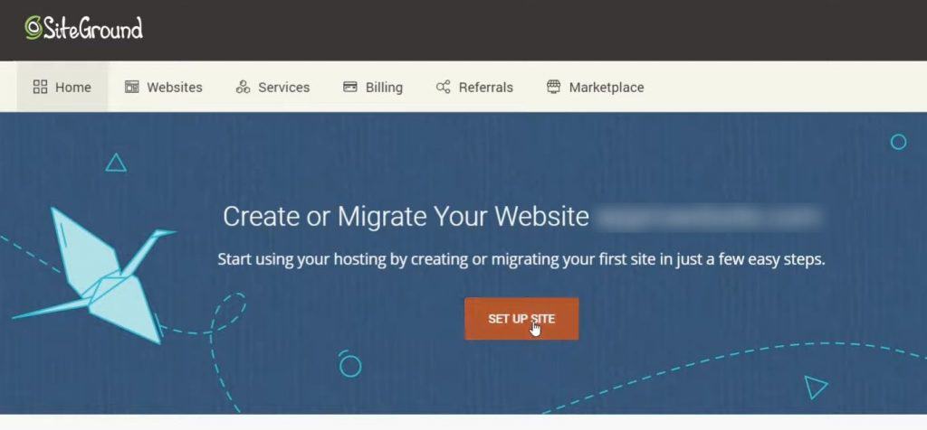 Screenshot of Siteground's user area homepage, with the option to begin site setup