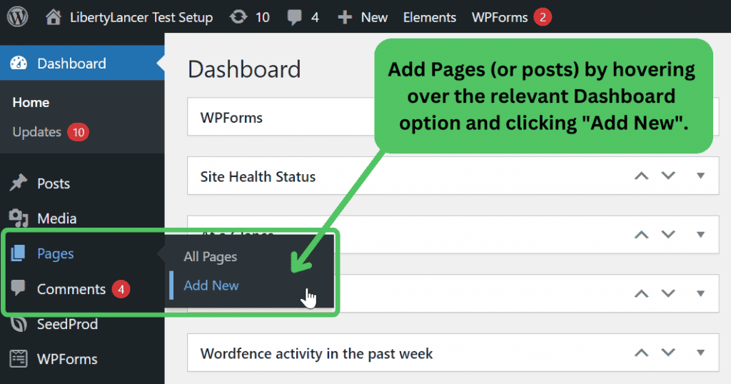 Adding a new page from the WordPress admin dashboard.