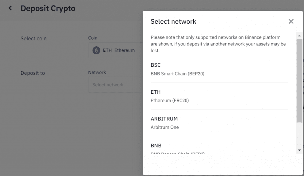 Screenshot of Binance's options to receive ETH over multiple networks.