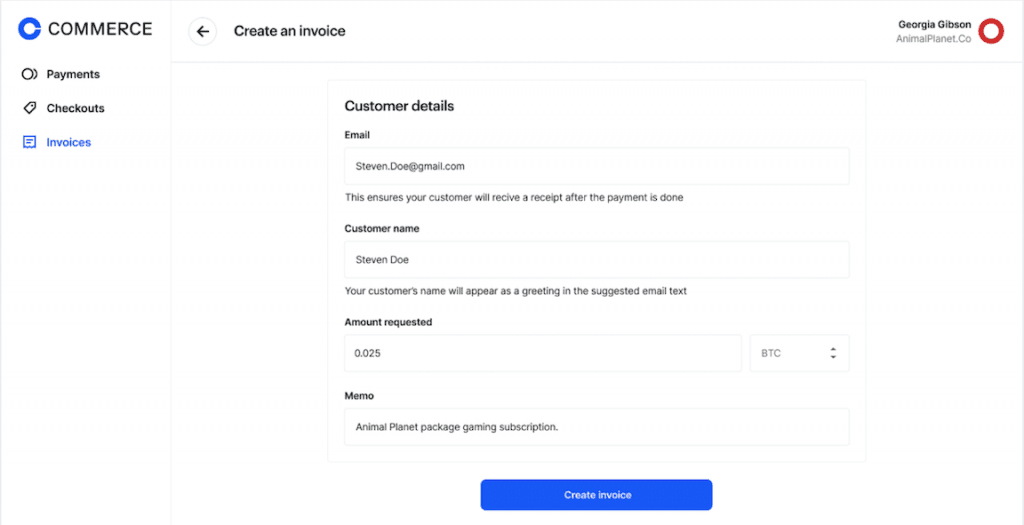 Screenshot of creating an invoice on Coinbase Commerce