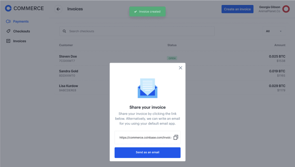 Screenshot of sharing an invoice on Coinbase Commerce