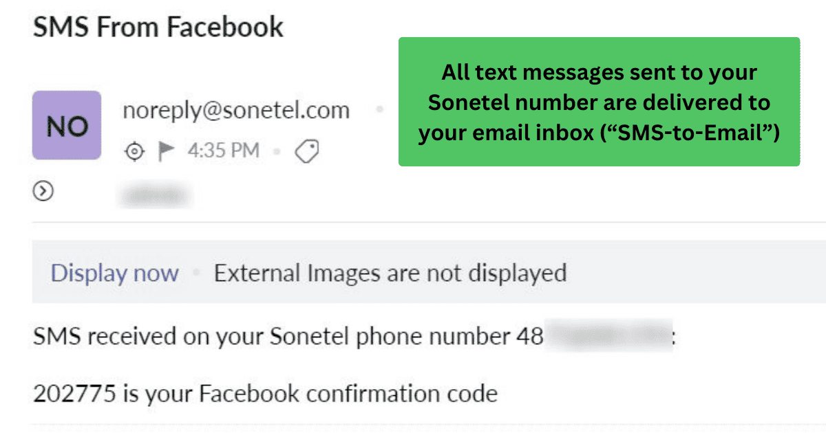 A screenshot of a Sonetel SMS received via its "SMS-to-Email" system.
